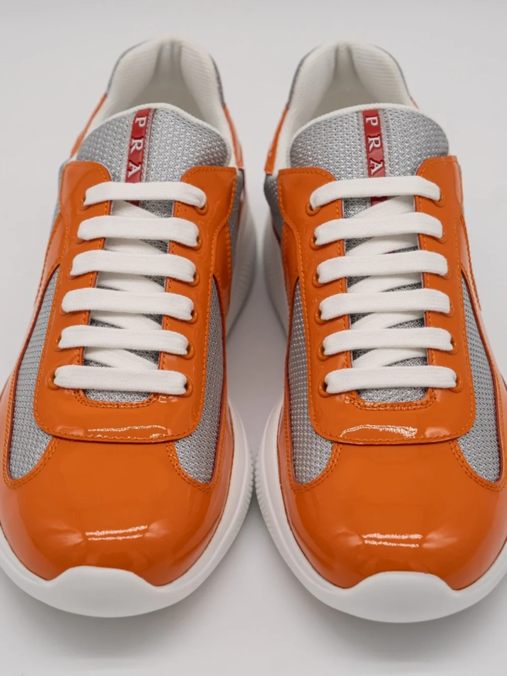 Prada America's Cup Men's Sneakers Orange Patent Leather Silver Fabric 8uk 9 US